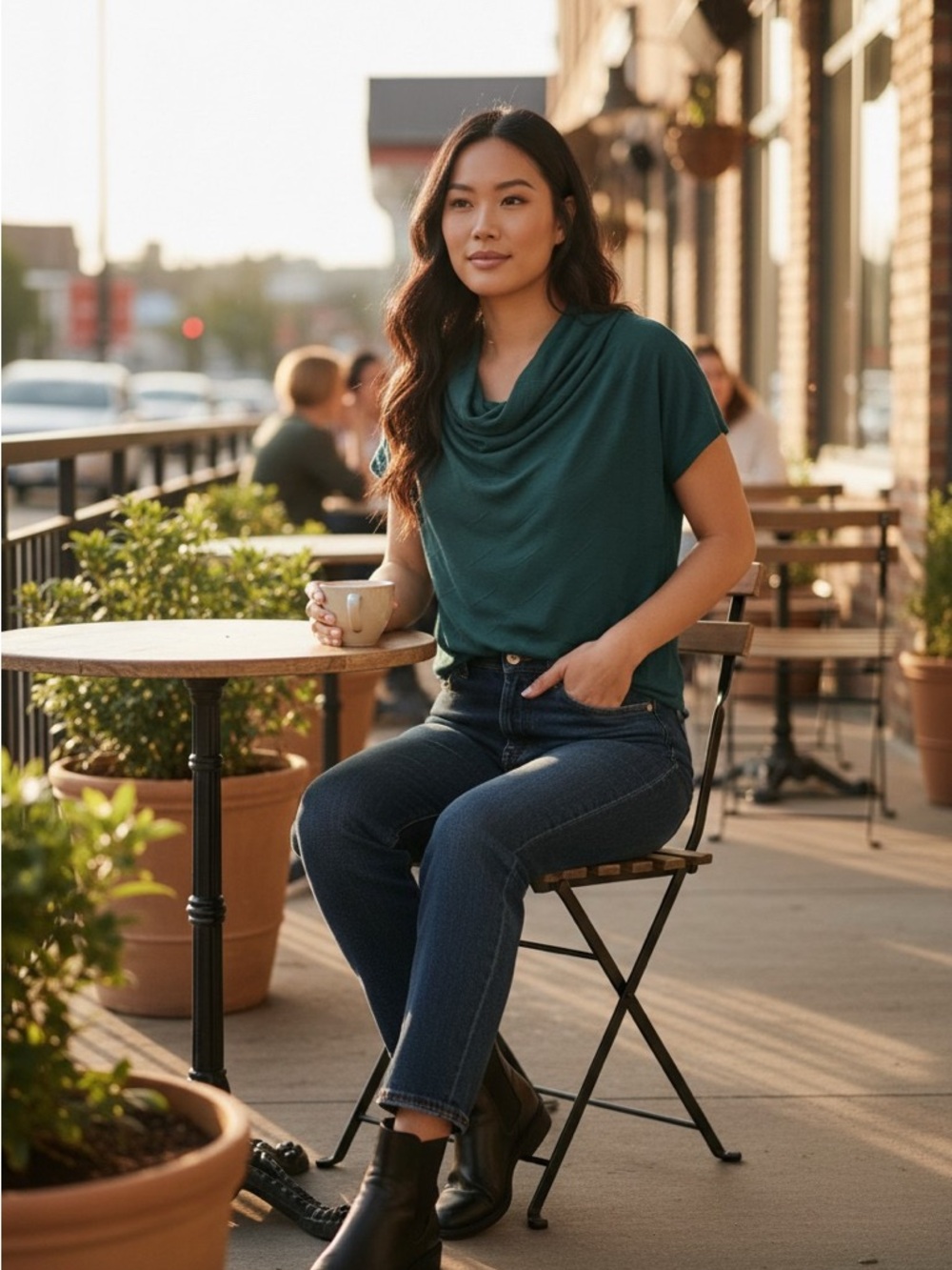 Coldwater Creek Teal Draped Cowl Neck Short Sleeve Top